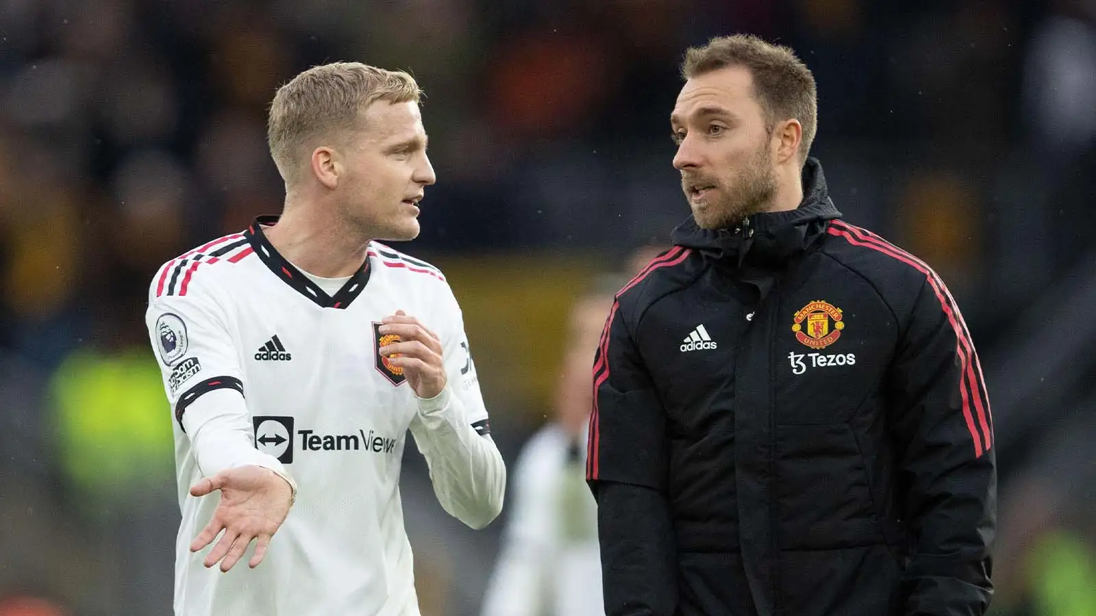 Manchester United's Donny van de Beek and Manchester United's Christian Eriksen after the game the Premier League match between Wolverhampton Wanderers and Manchester United