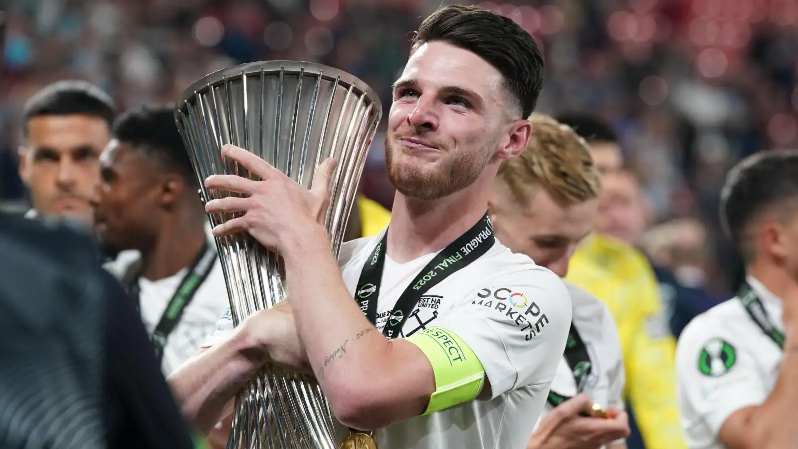 Reported Arsenal target Declan Rice holds the Europa Conference League trophy.