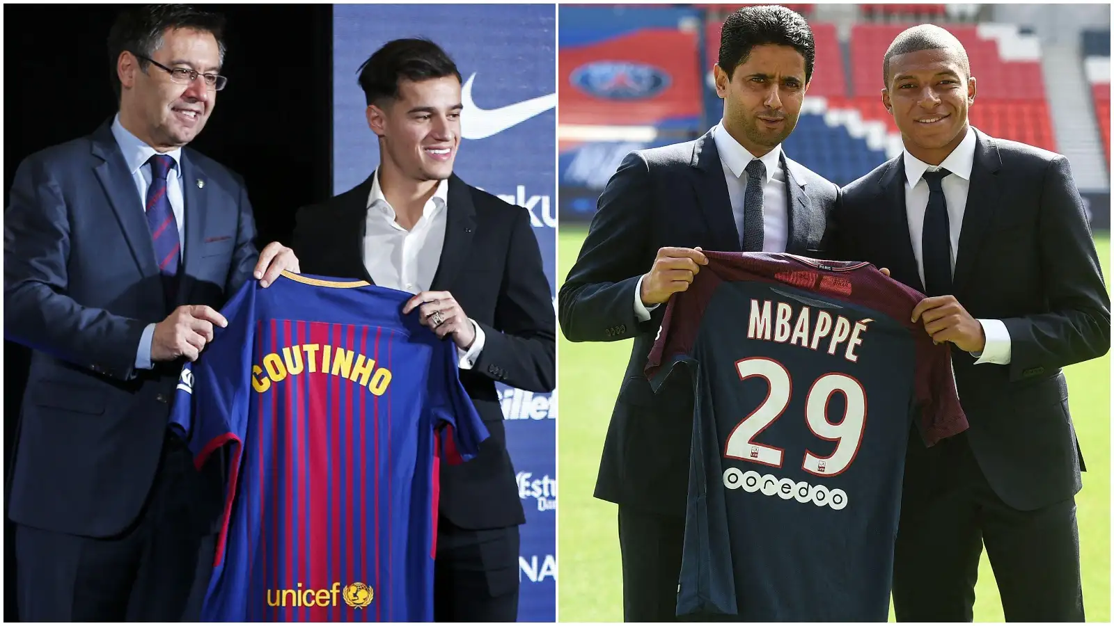 Barcelona unveil Philippe Coutinho in 2018 and PSG unveil Kylian Mbappe in 2017.