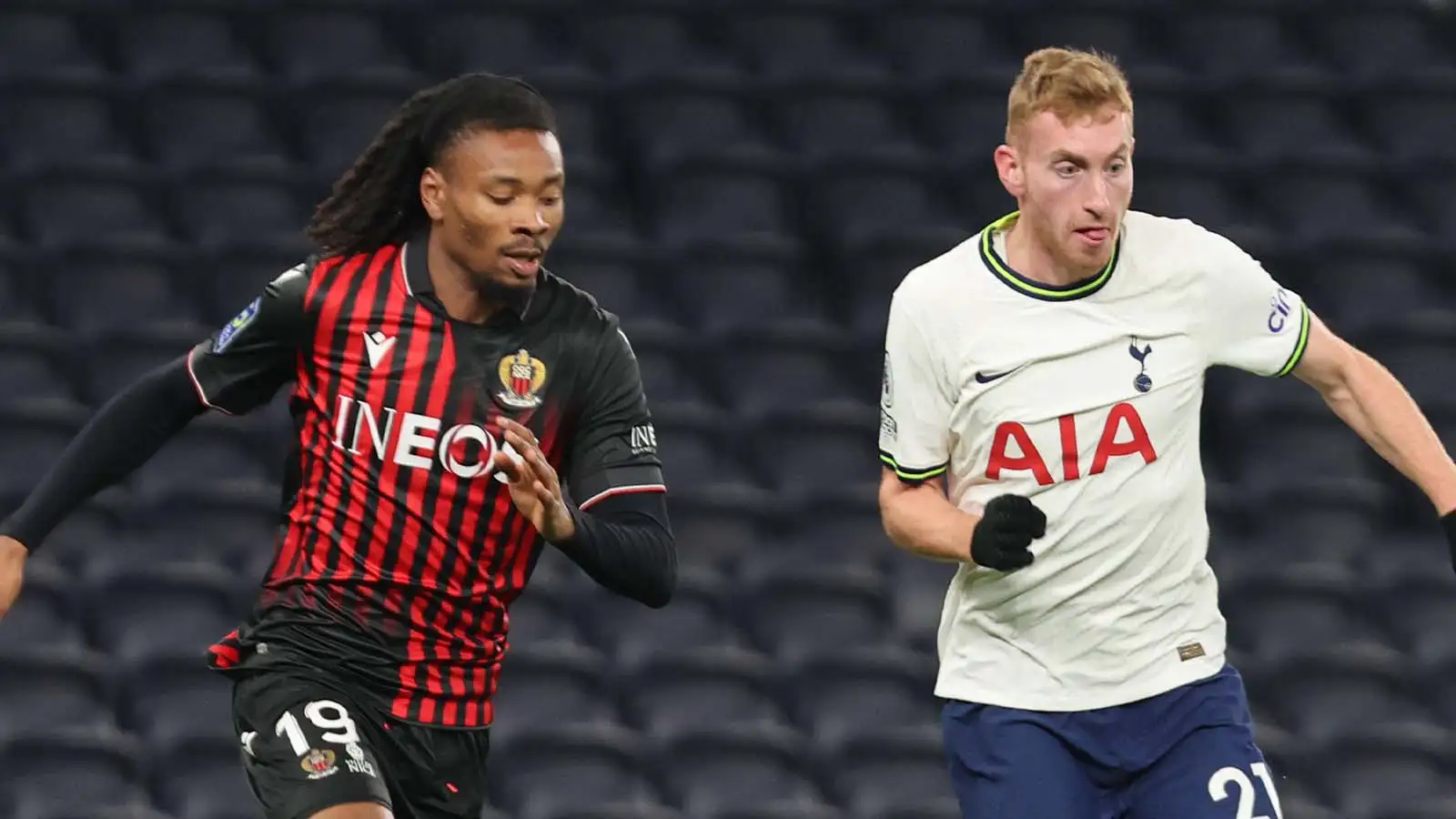 L-R Khephren Thuram of OGC Nice and Tottenham Hotspur's Dejan Kulusevski (on loan from Juventus) during the Friendly soccer match between Tottenham