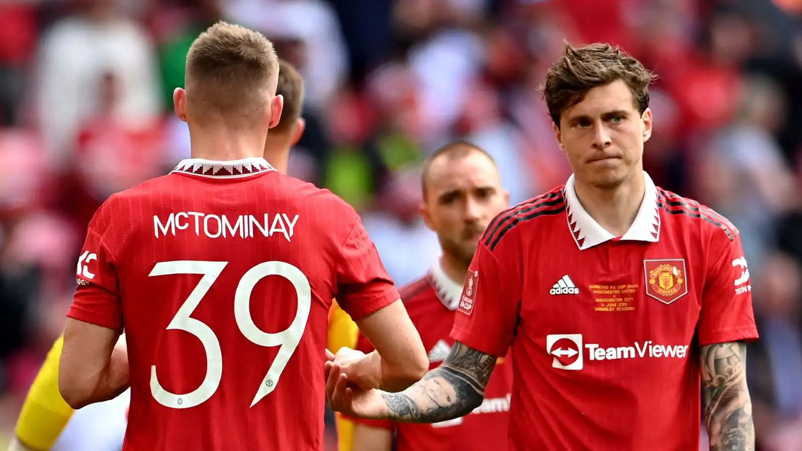 Scott McTominay and Victor Lindelof of Manchester United dejected at full time during the The FA Cup match at Wembley Stadium, London.