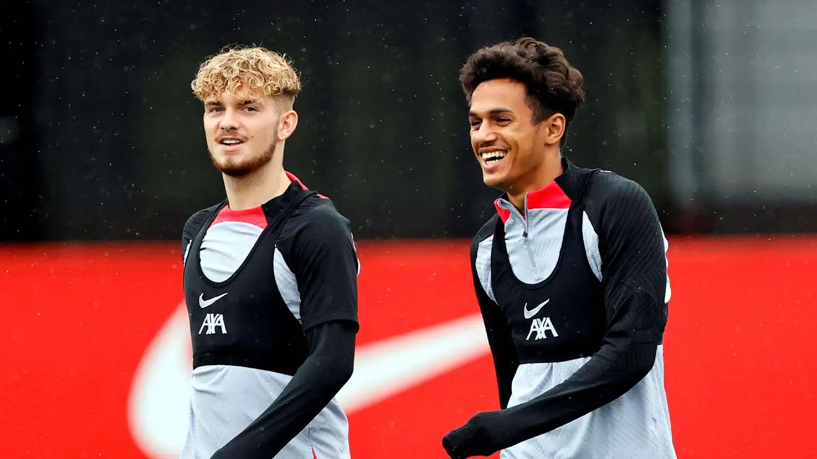 Harvey Elliot and Fabio Carvalho of Liverpool during today's training session