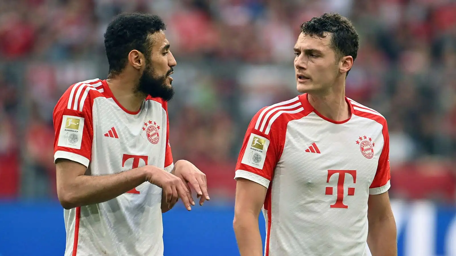 Munich, Deutschland. 20th May, 2023. v.re:Benjamin PAVARD (FC Bayern Munich), Noussair Mazraoui (FC Bayern Munich), action. Football 1st Bundesliga season 2022/2023, 33rd matchday, matchday33, FC Bayern Munich - RB Leipzig
