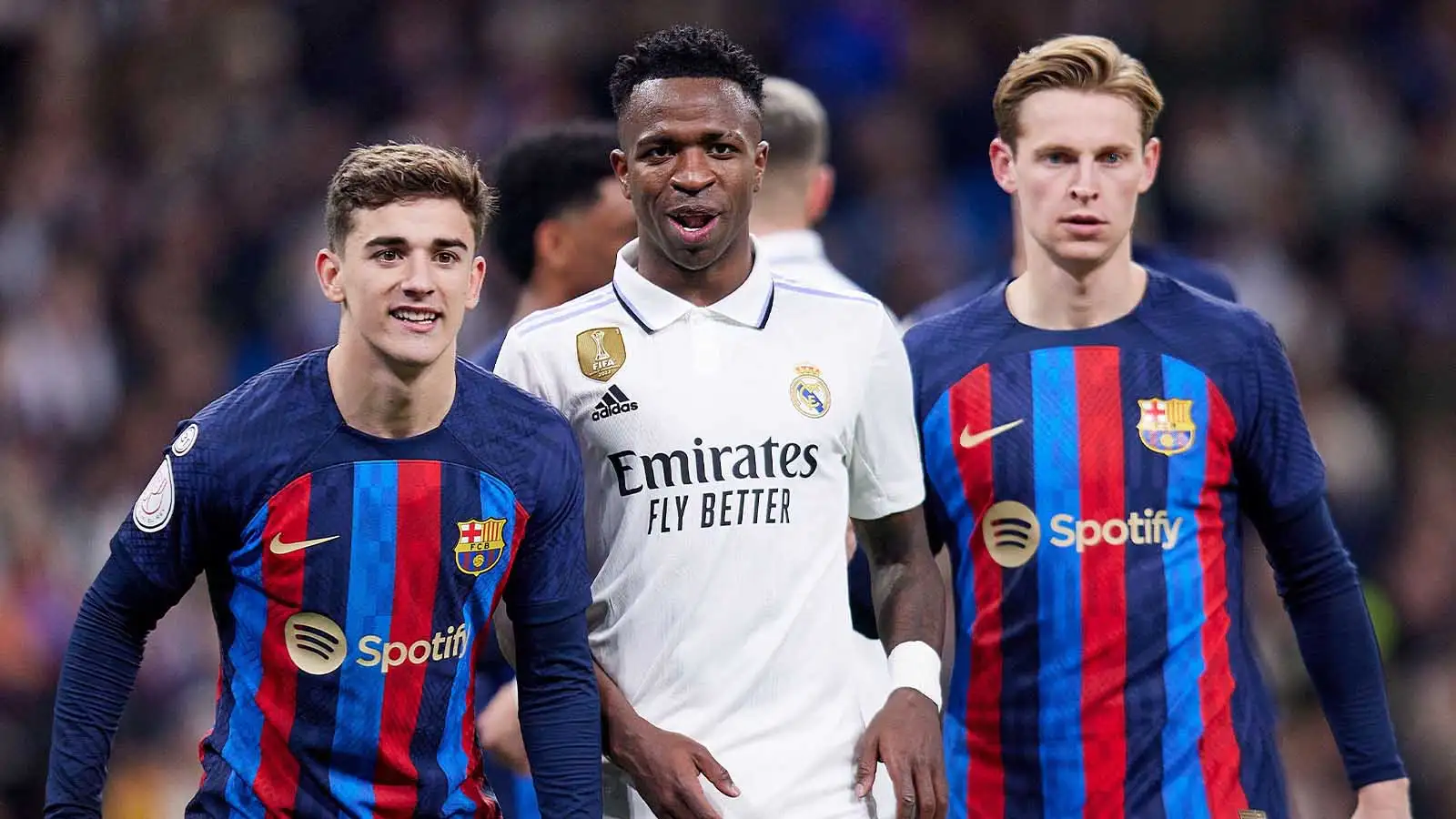 Pablo Martin Gavira Gavi and Frenkie de Jong of FC Barcelona and Vinicius Jr. of Real Madrid throughout the Spanish football King's Cup semifinal match in between Real Madrid CF and Fc Barcelona