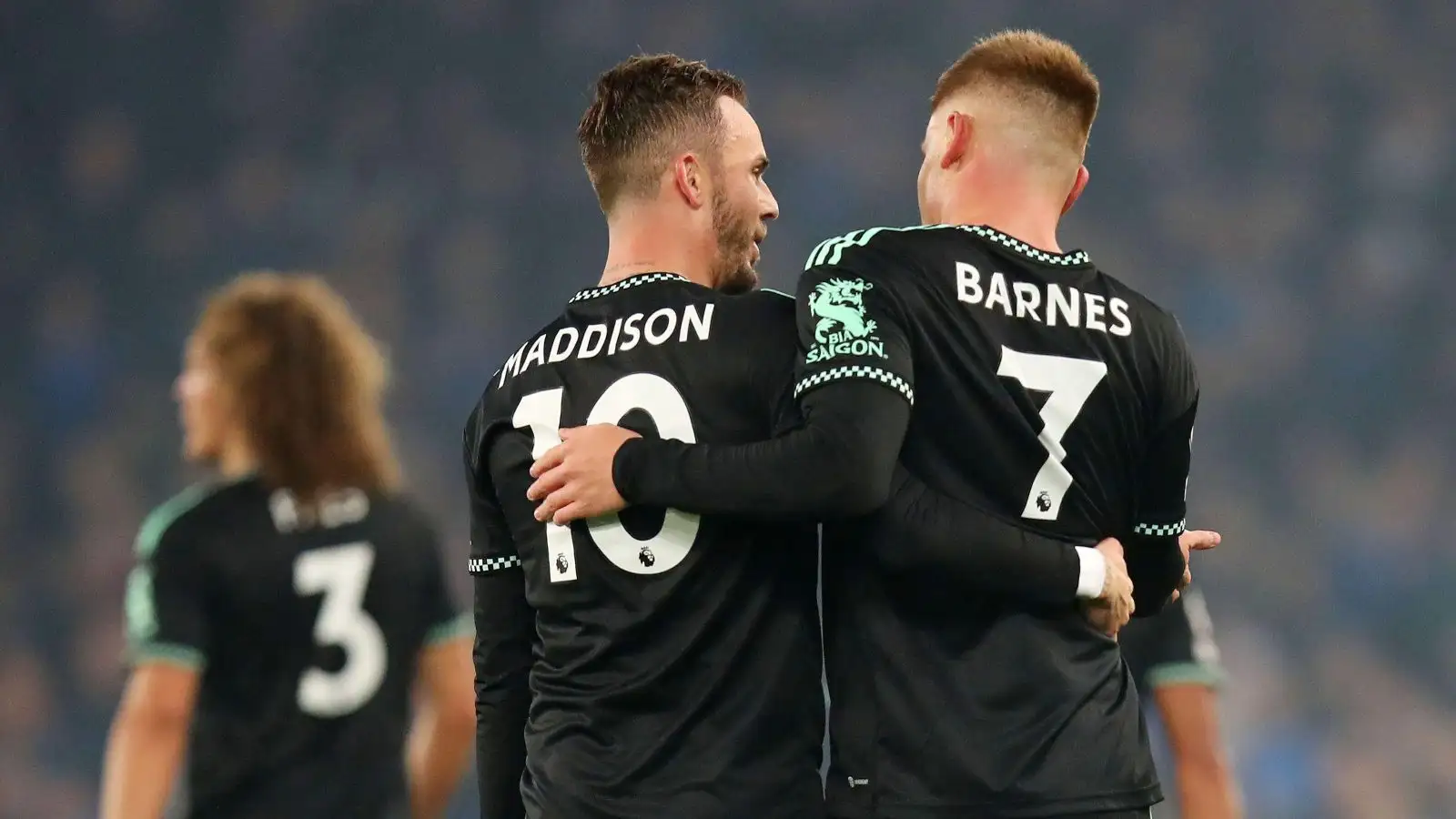 Tottenham targets Harvey Barnes and James Maddison hug