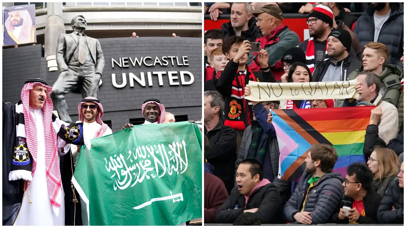 Manchester United fans display a 'no to Qatar' sign, next to an image of Newcastle fans in Saudi dress.