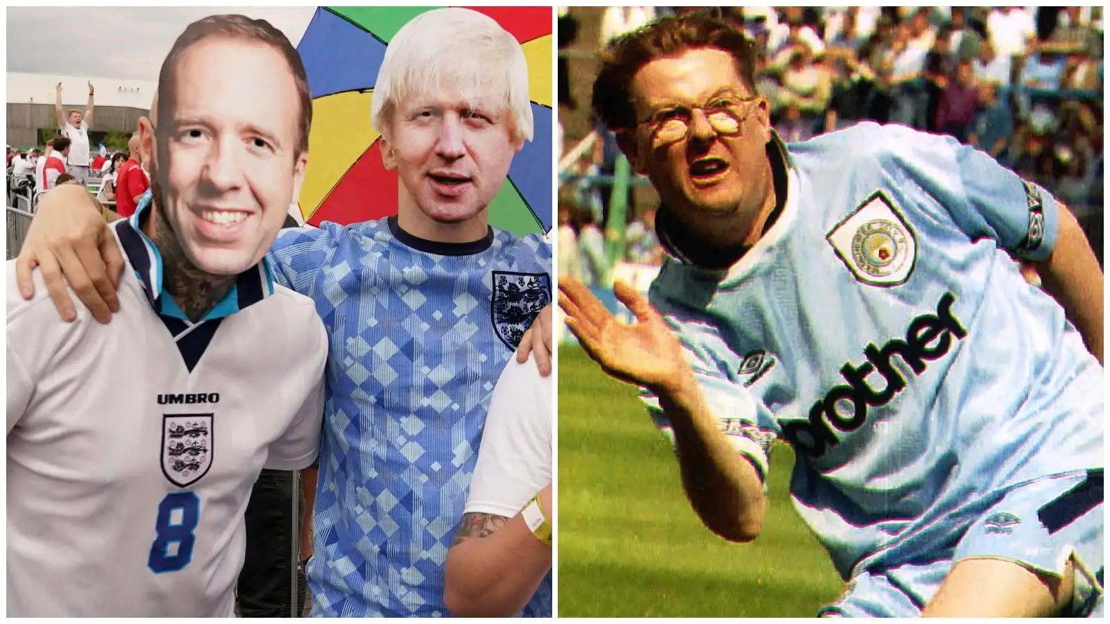 An England fan wears a Matt Hancock mask; and an image of Curly Watts playing in a celebrity football match.