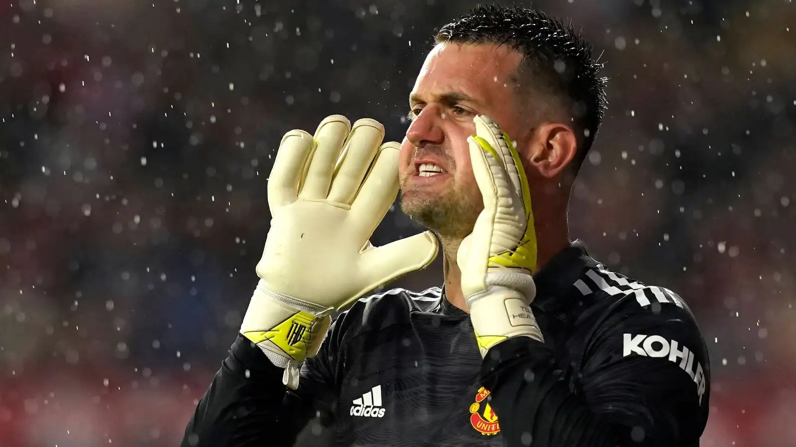 Man Utd goalkeeper Tom Heaton shouts at his team during a match.