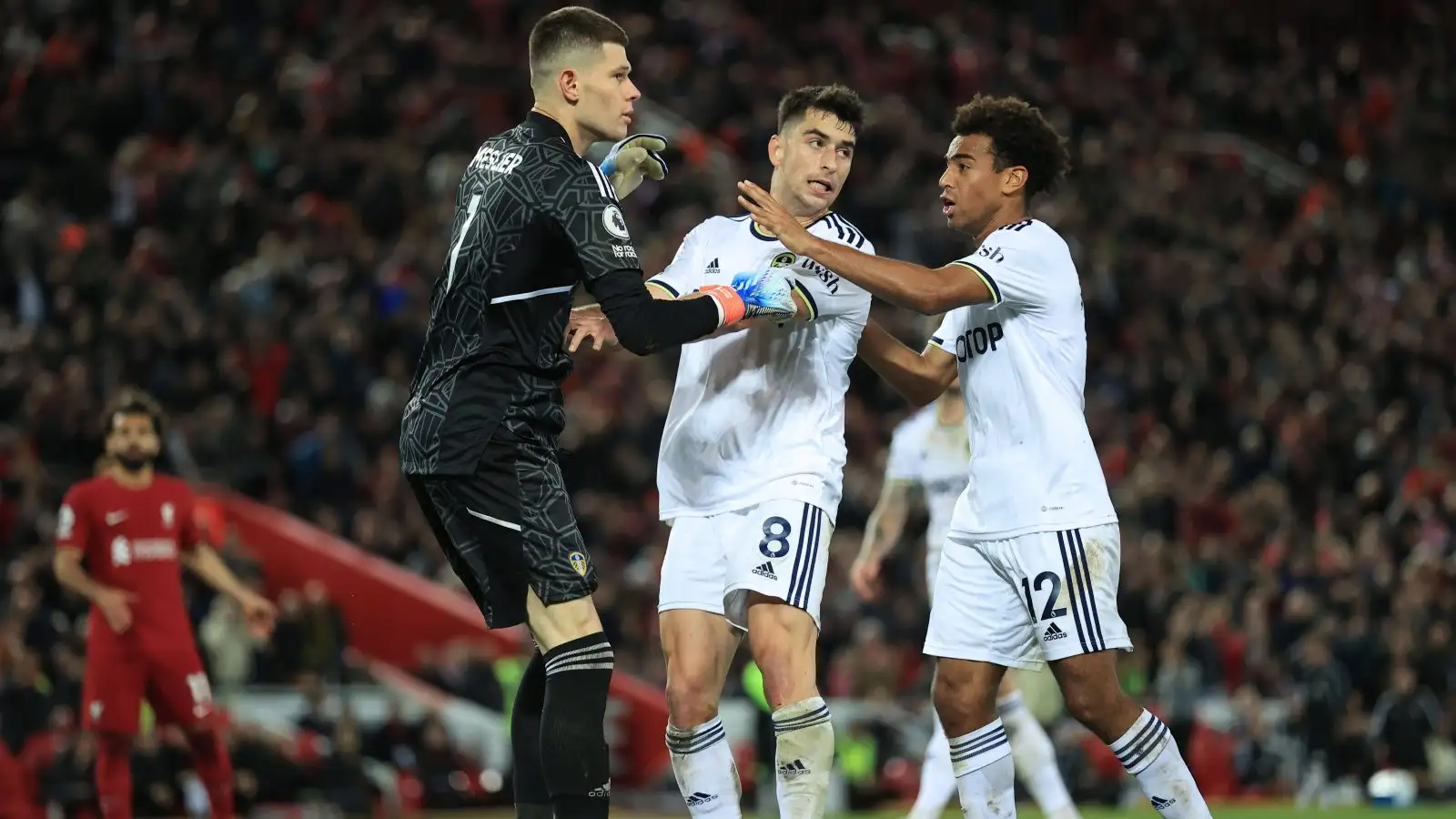 Leeds trio Tyler Adams, Marc Roca and Illan Meslier during the win at Liverpool.
