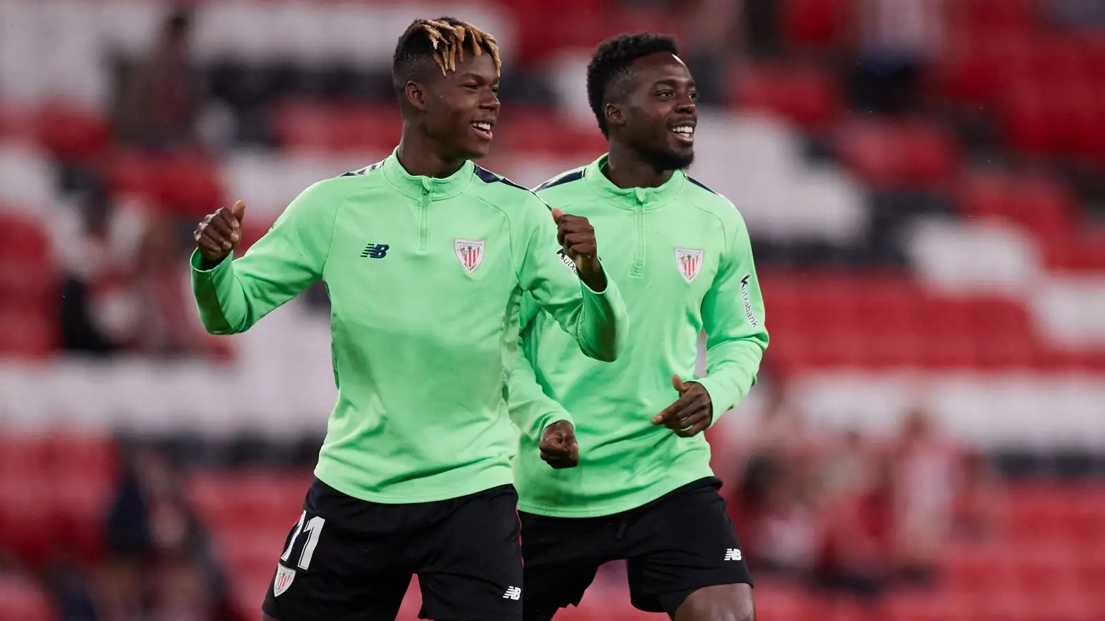 Aston Villa-linked Bilbao winger Nico Williams and his brother Inaki Williams during a warm-up.