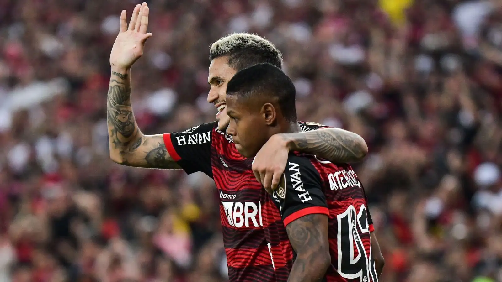 Pedro do Flamengo celebrates his fourth goal for Flamengo with Matheus Franca