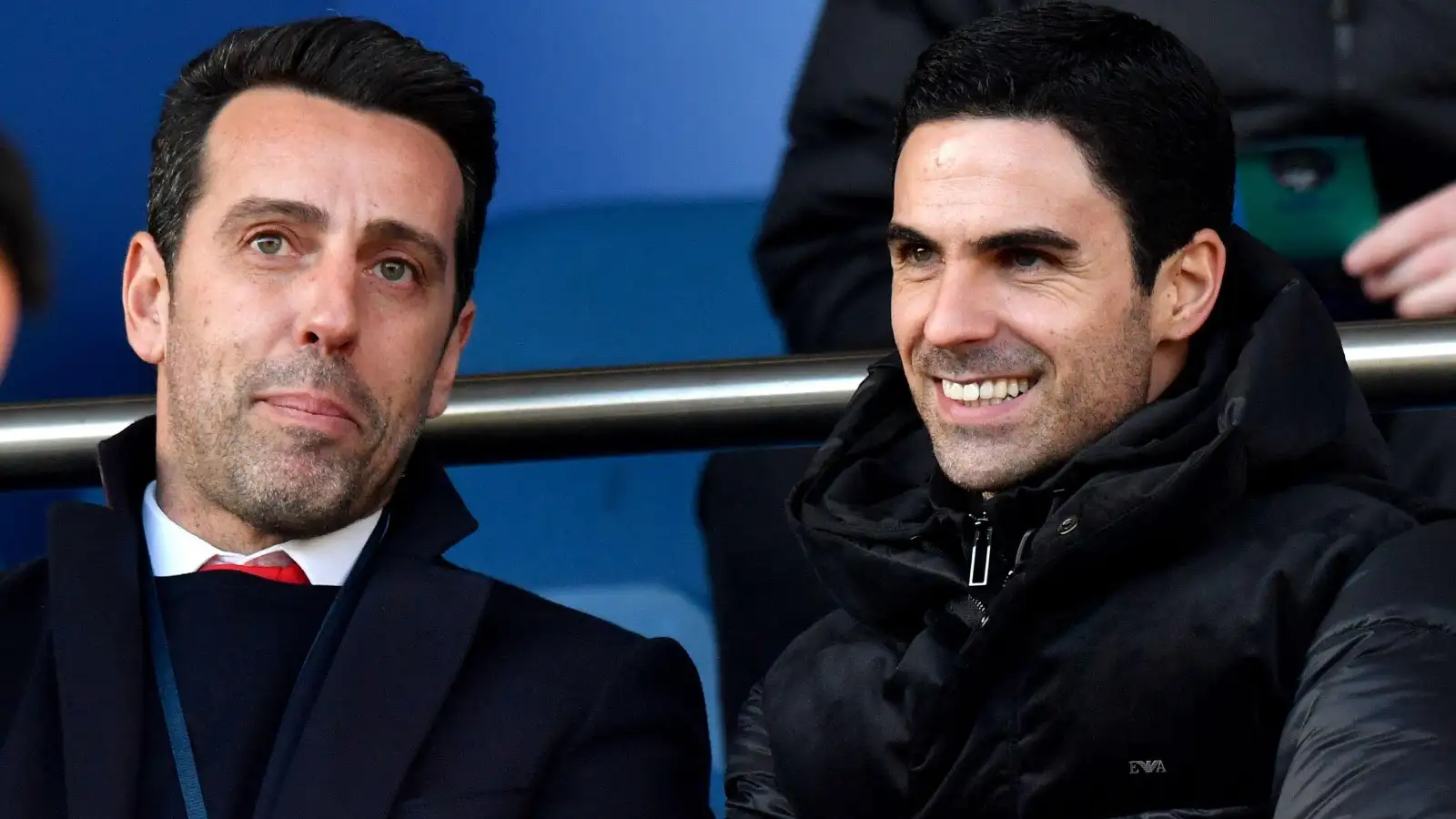 Arsenal manager Mikel Arteta and technical director Edu in the stands during the Premier League match at Everton.