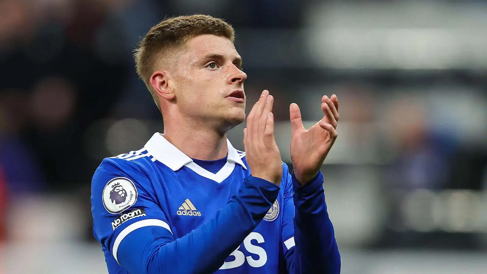 Harvey Barnes #7 of Leicester City applauds the fans