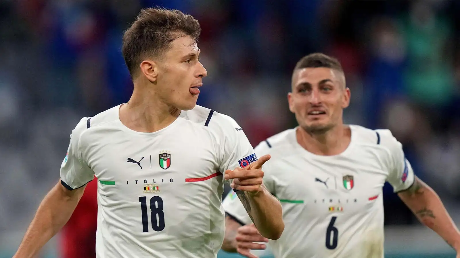 Italy's Nicolo Barella and Marco Verratti celebrate scoring