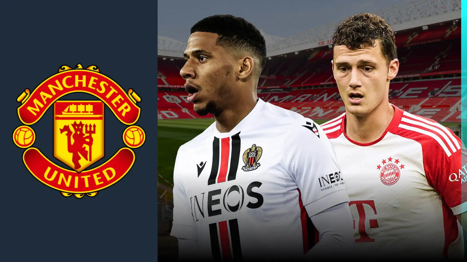 Jean-Clair Todibo and Benjamin Pavard with the Manchester United badge.