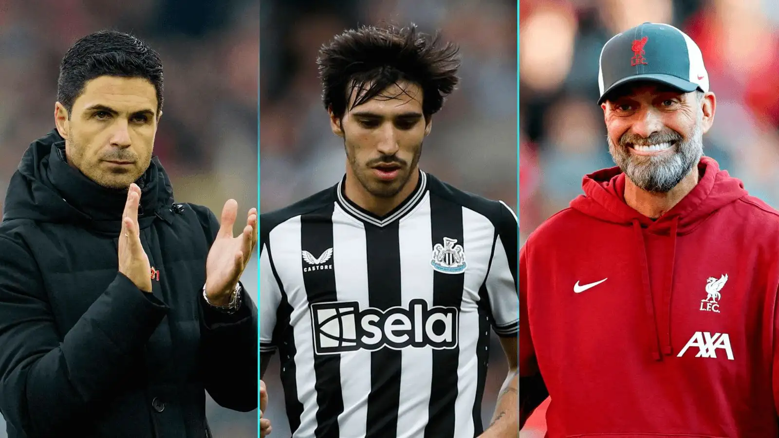 A composite image of Mikel Arteta, Sandro Tonali and Jurgen Klopp