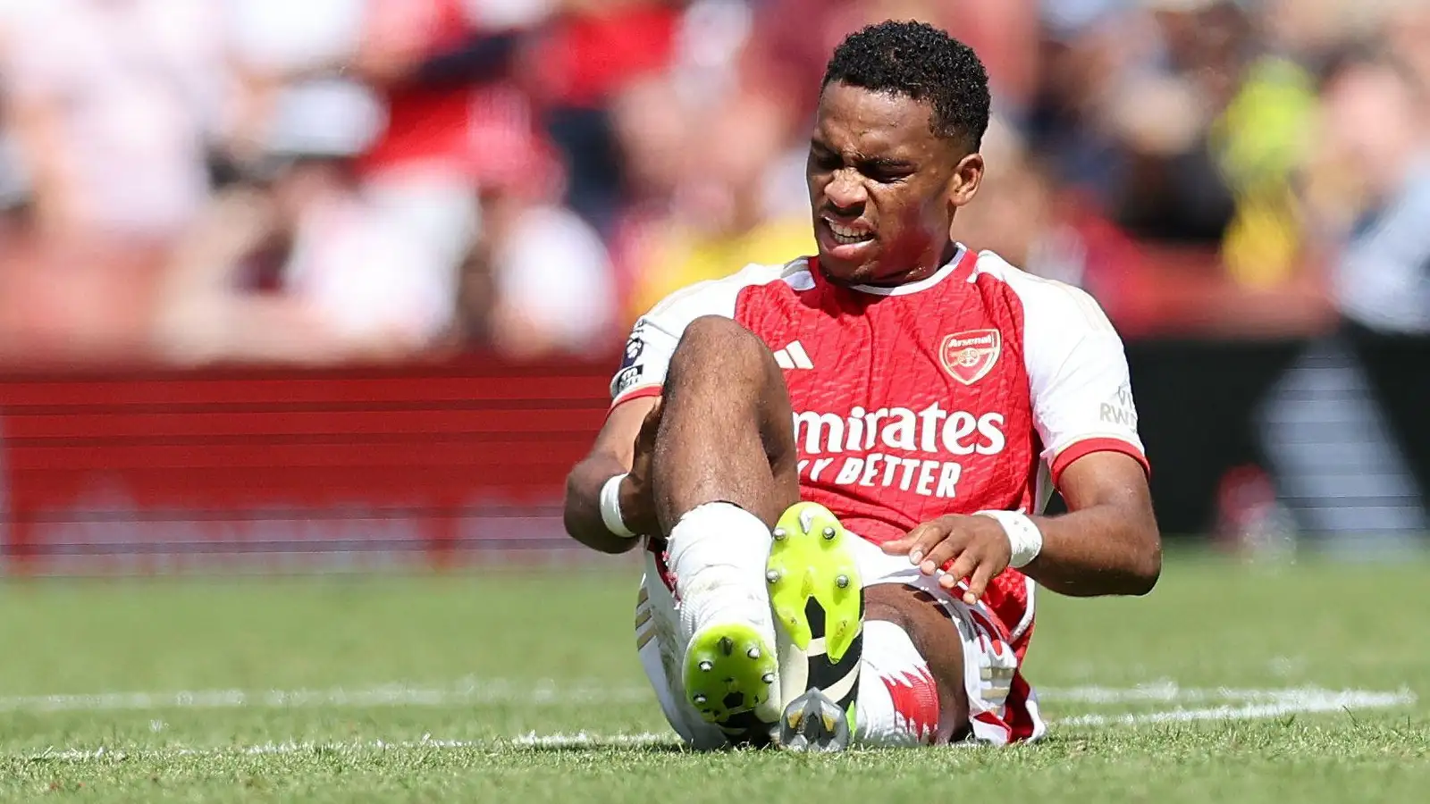 Arsenal defender Jurrien Timber sits on the turf after sustaining a knee injury.