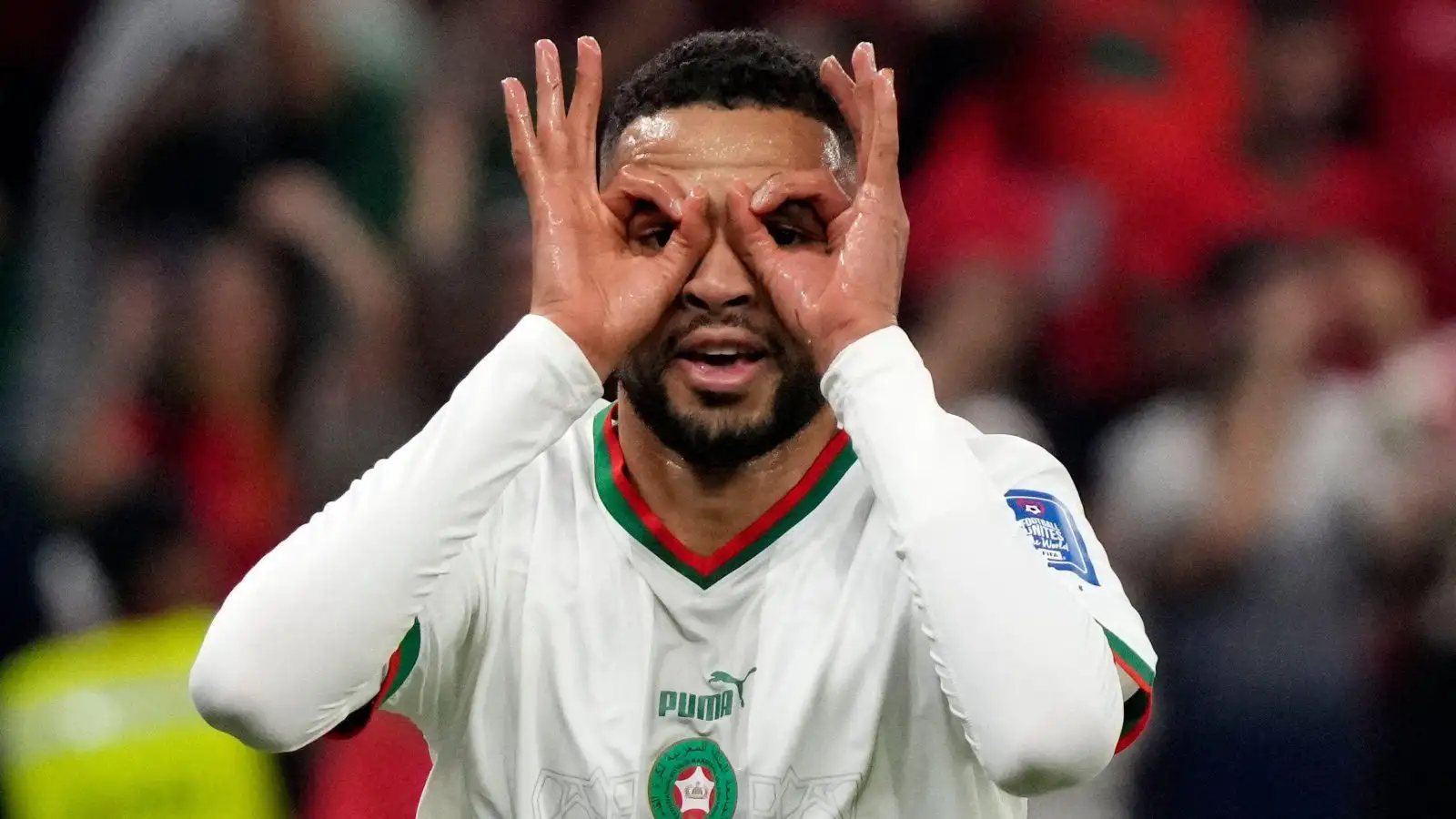 Youssef En-Nesyri celebrates a goal for Morocco at the World Cup.