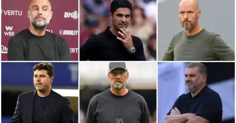 Big six managers Pep Guardiola, Mikel Arteta, Erik ten Hag, Mauricio Pochettino, Jurgen Klopp and Ange Postecoglou.