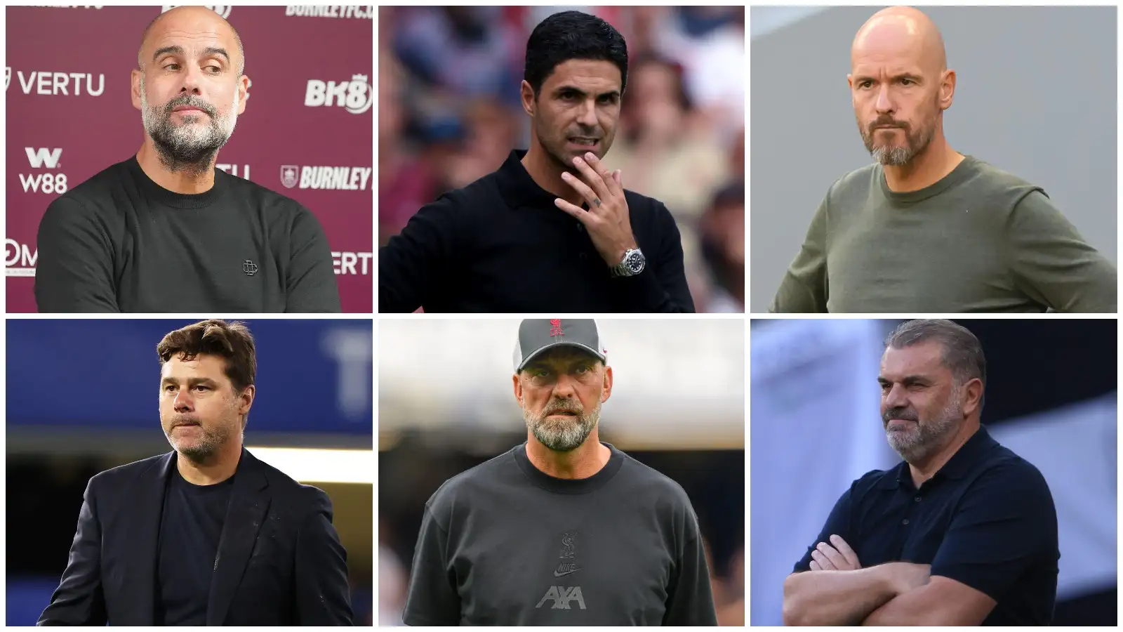 Big six managers Pep Guardiola, Mikel Arteta, Erik ten Hag, Mauricio Pochettino, Jurgen Klopp and Ange Postecoglou.