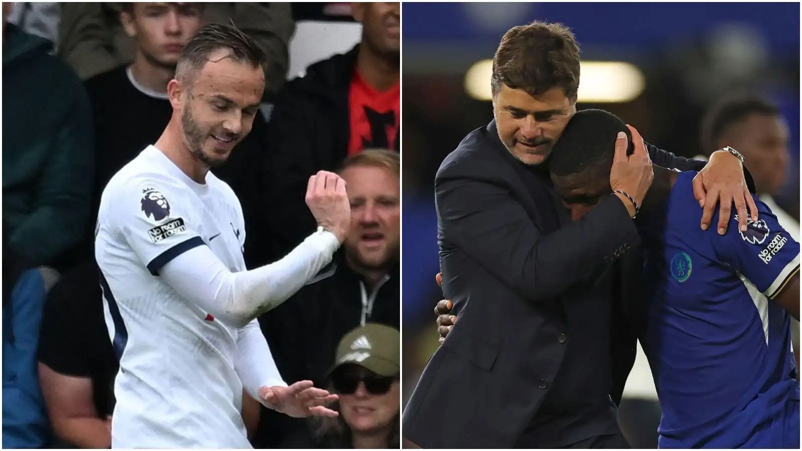 Spurs midfielder James Maddison, Chelsea manager Mauricio Pochettino and player Moises Caicedo