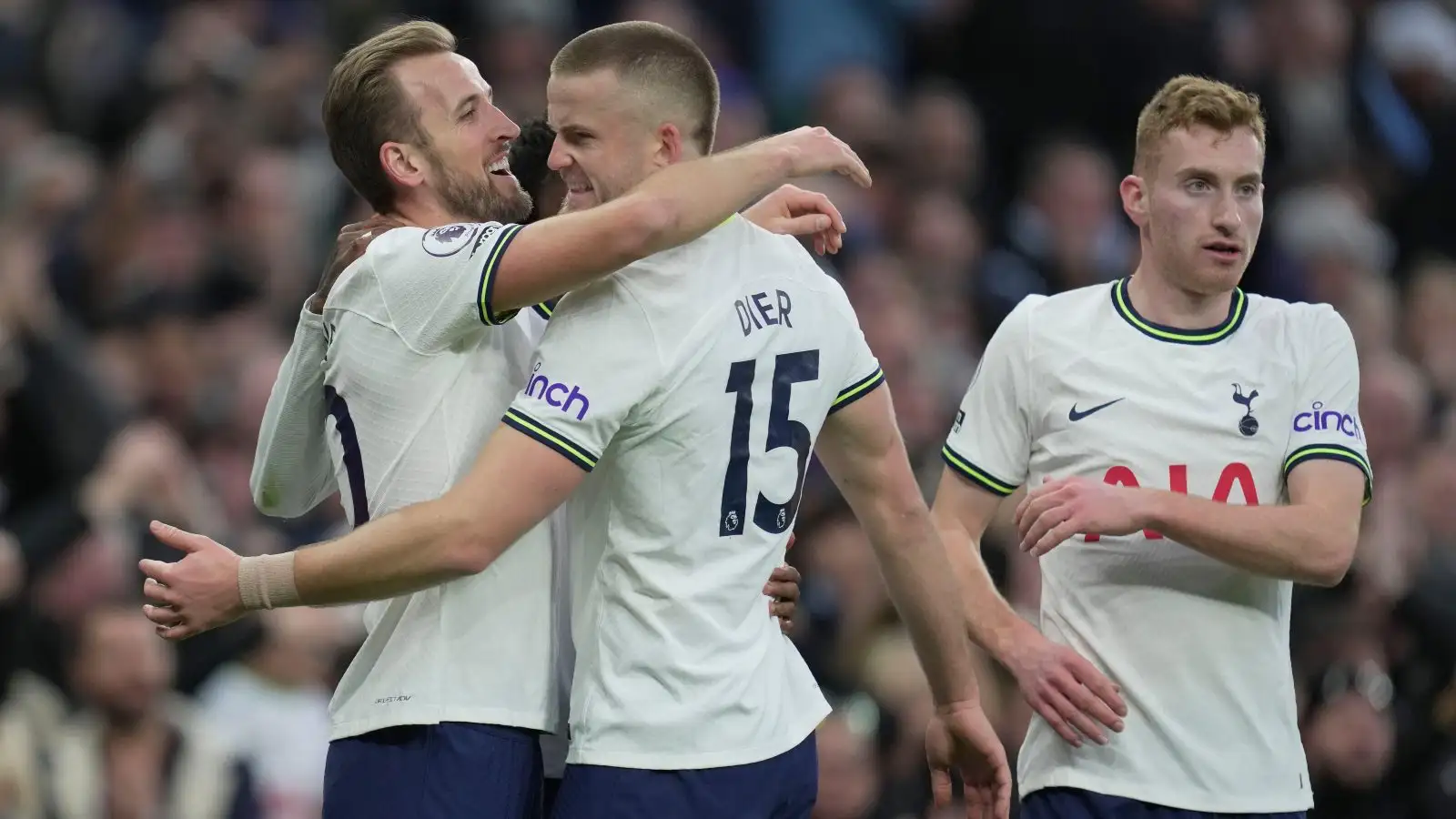 Tottenham defender Eric Dier celebrates a goal with Harry Kane.