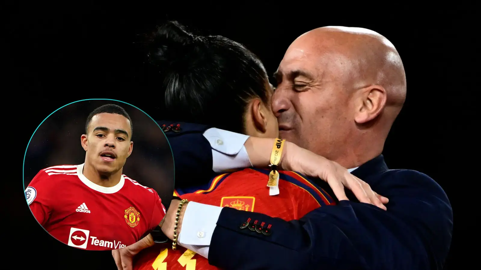 Jenni Hermoso is kissed by Rubiales while Mason Greenwood is in a circle.