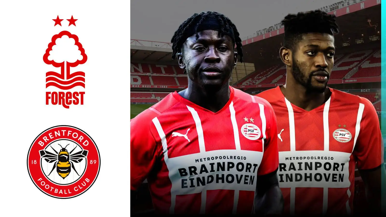 Ibrahim Sangare and Johan Bakayoko with the Nottingham Forest and Brentford badges.
