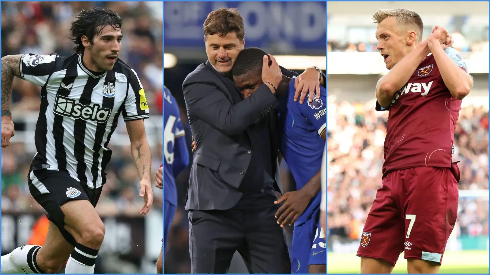 Newcastle midfielder Sandro Tonali, Mauricio Pochettino and Moises Caicedo of Chelsea, and West Ham player James Ward-Prowse