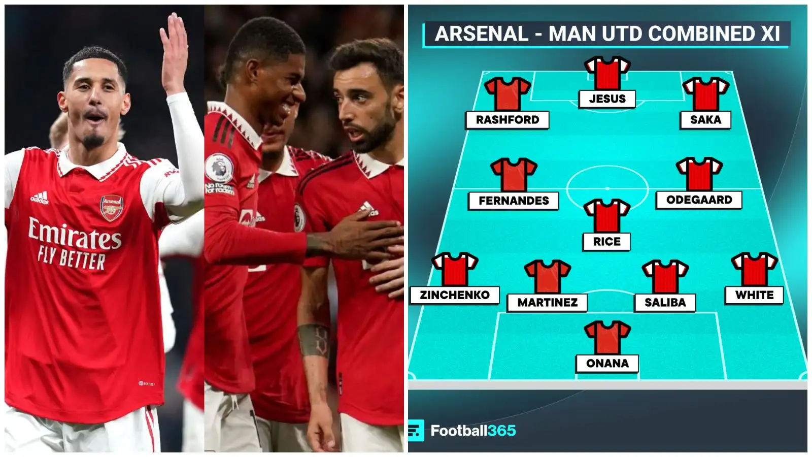 Arsenal - Manchester United combined XI features William Saliba, Marcus Rashford and Bruno Fernandes.