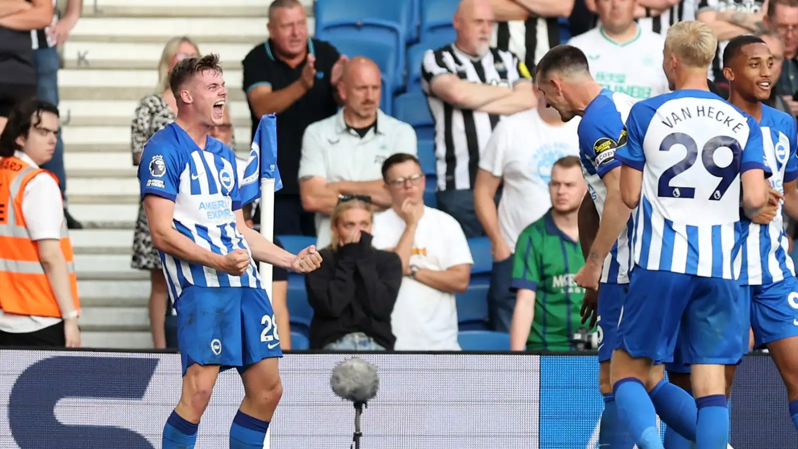 Evan Ferguson celebrates the second goal of his hat-trick for Brighton against Newcastle