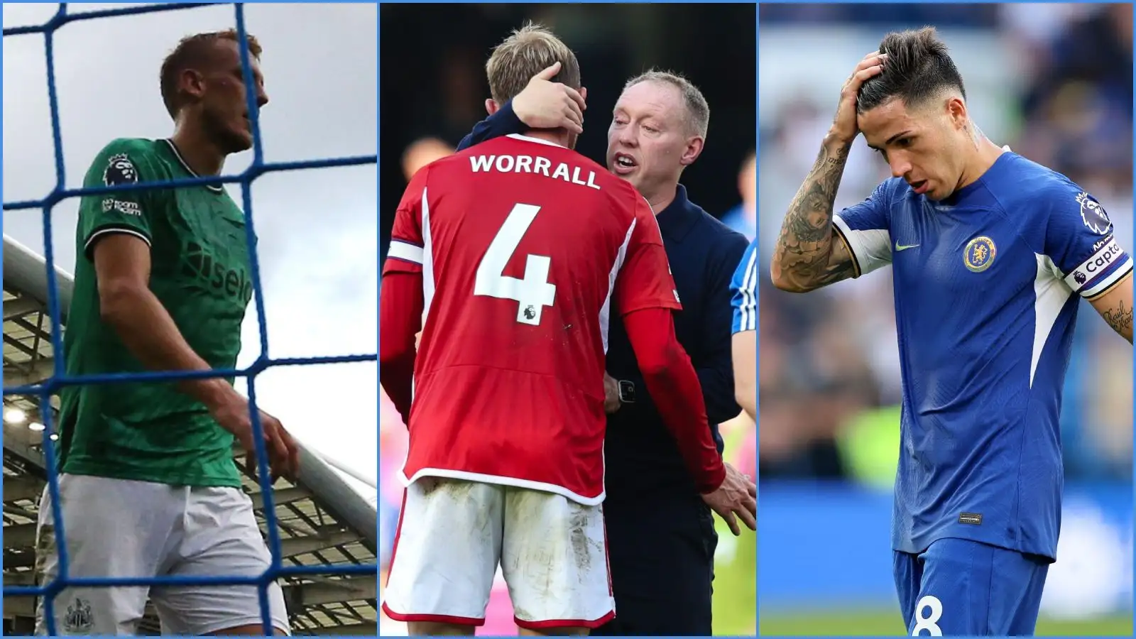 Newcastle defender Dan Burn, Joe Worrall and Steve Cooper of Nottingham Forest and Chelsea midfielder Enzo Fernandez