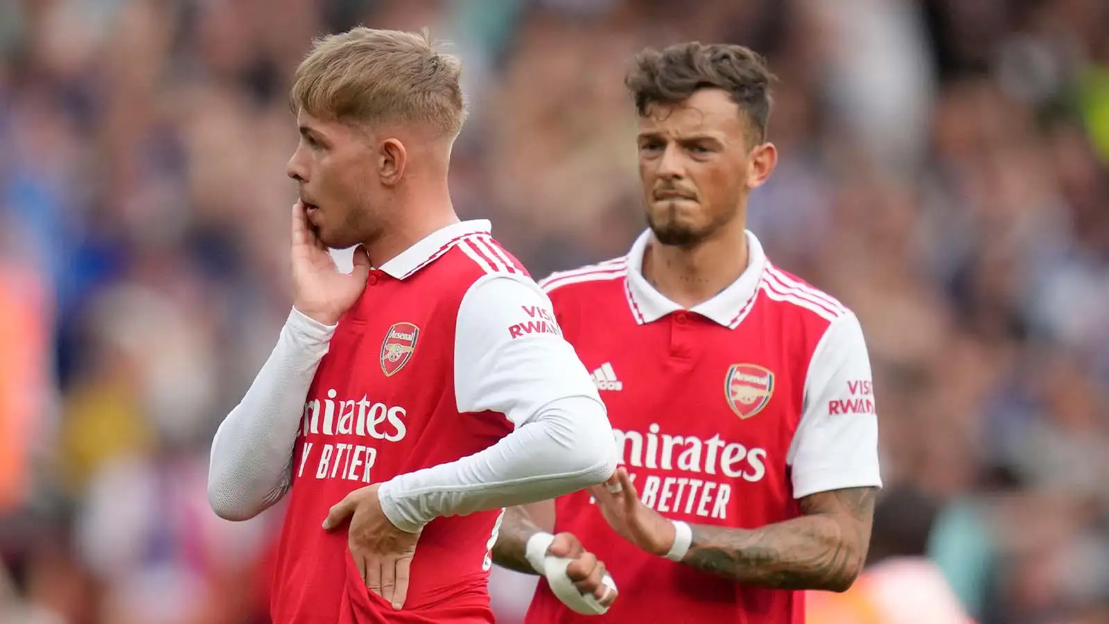 Arsenal's Emile Smith Rowe, left, reacts