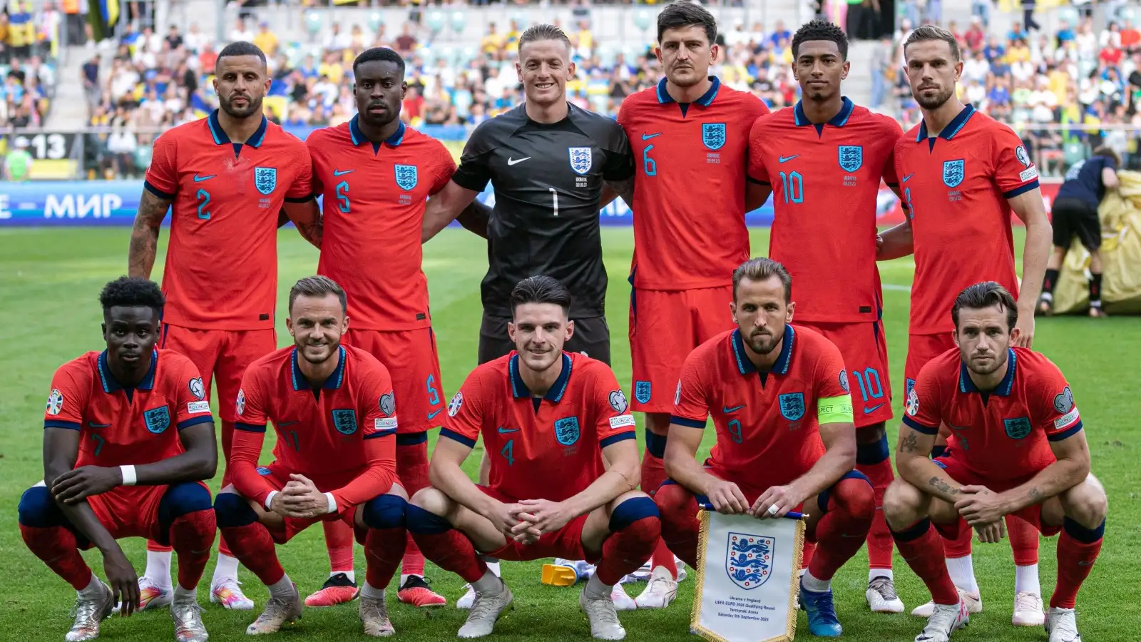 The England team line up before taking on Ukraine.