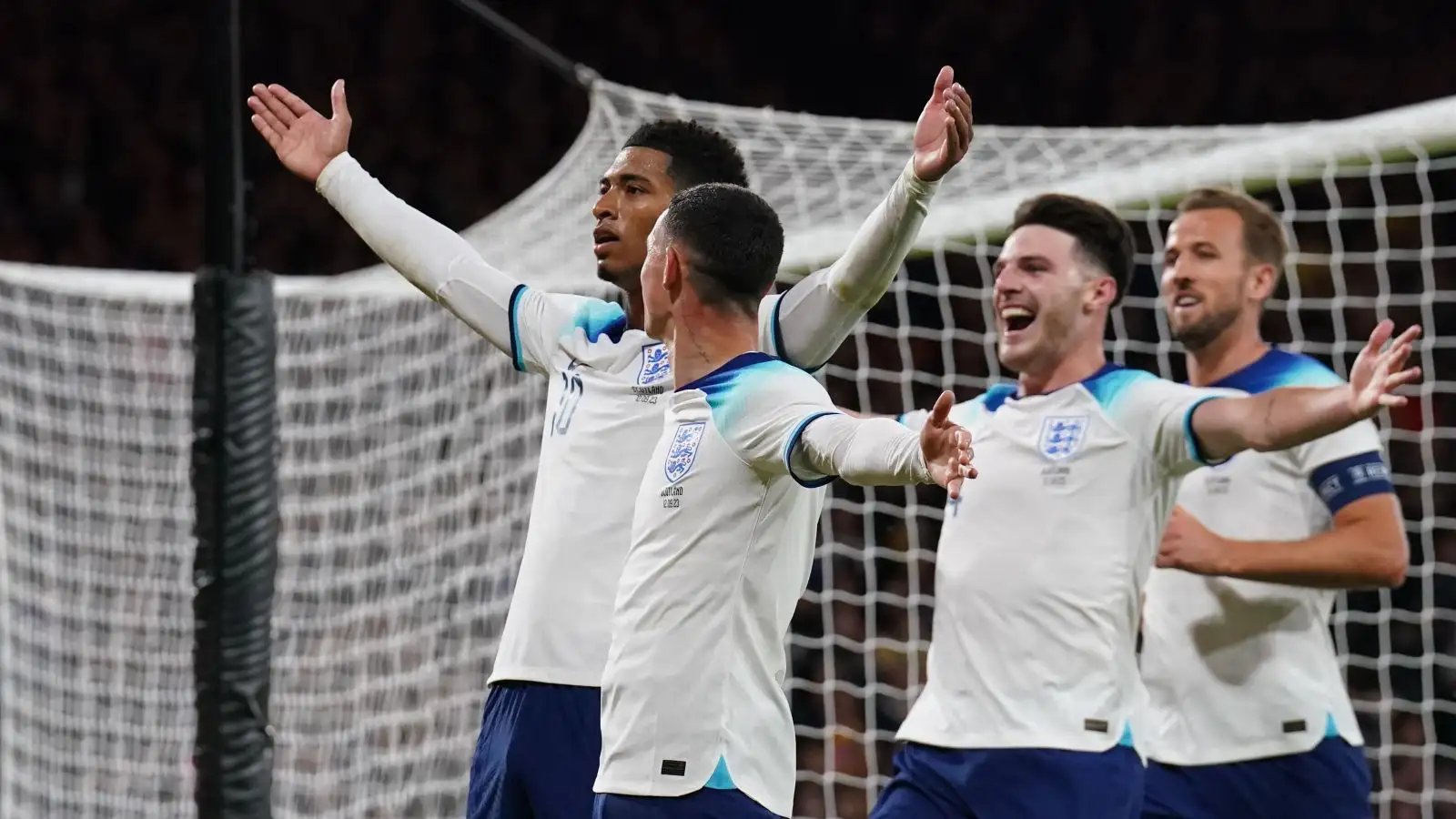 Jude Bellingham celebrates after scoring in England's 3-1 win over Scotland