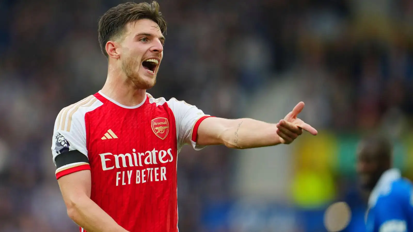 Declan Rice gestures during a match between Arsenal and Everton.