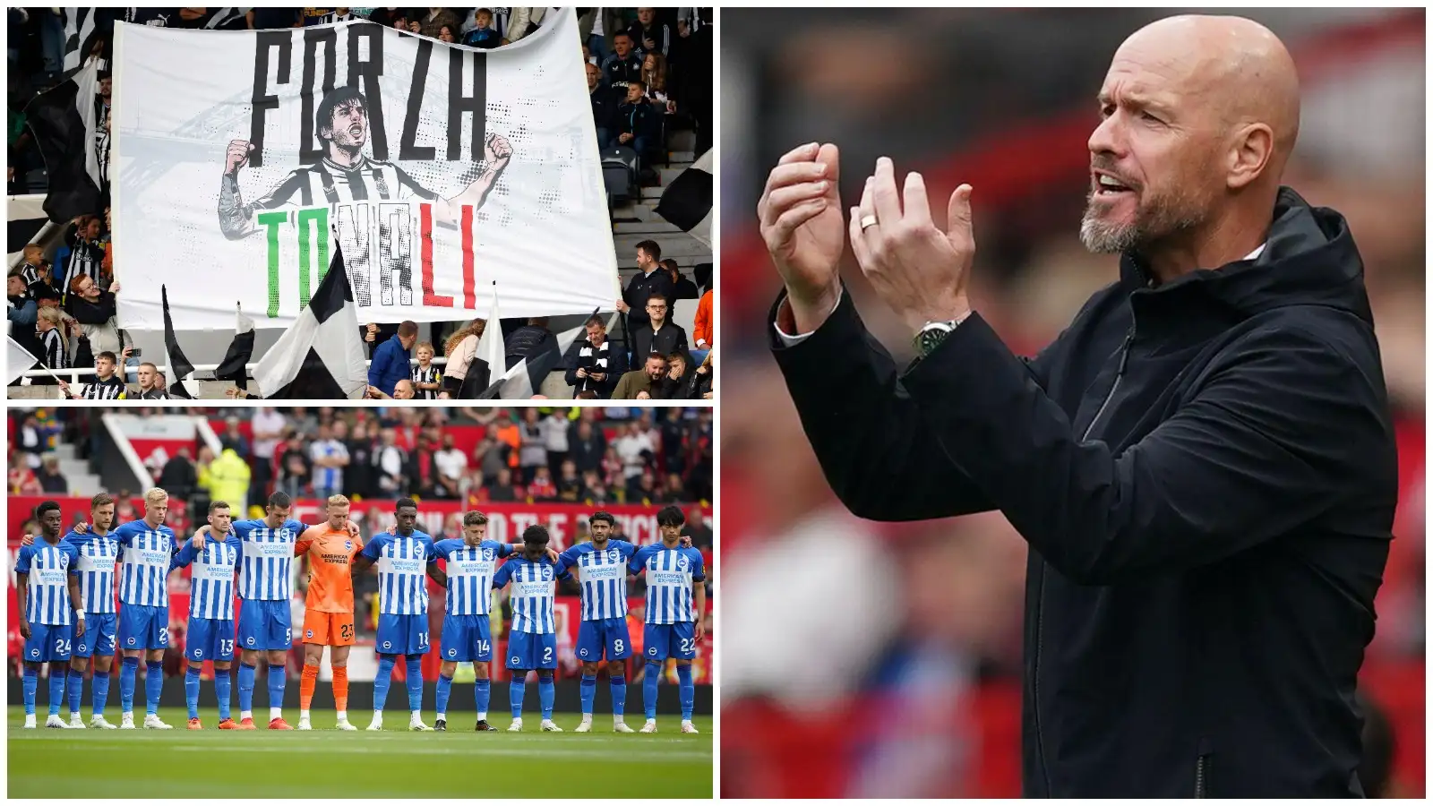 Manchester United manager Erik ten Hag; a Sandro Tonali banner; and Brighton before their win at Old Trafford.