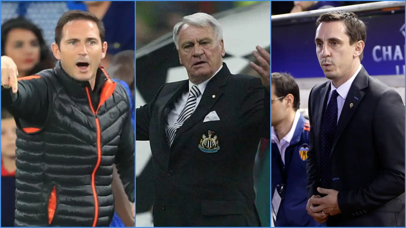 Chelsea manager Frank Lampard, Newcastle coach Sir Bobby Robson and Gary Neville of Valencia