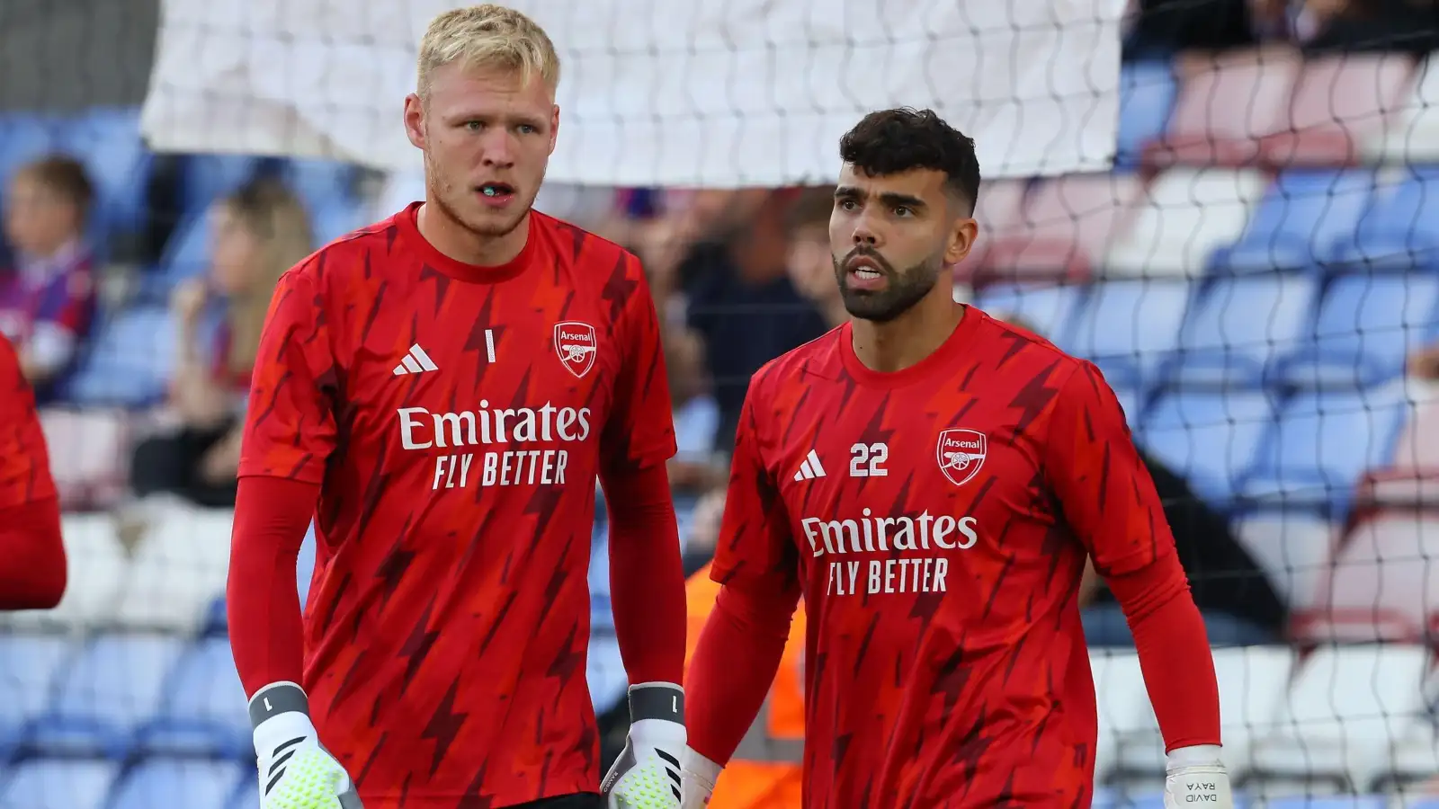 Arsenal goalkeepers Aaron Ramsdale and David Raya warm-up before facing Crystal Palace.