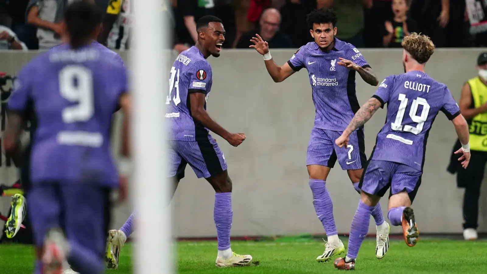 Luis Diaz celebrates after scoring for Liverpool at LASK in the Europa League