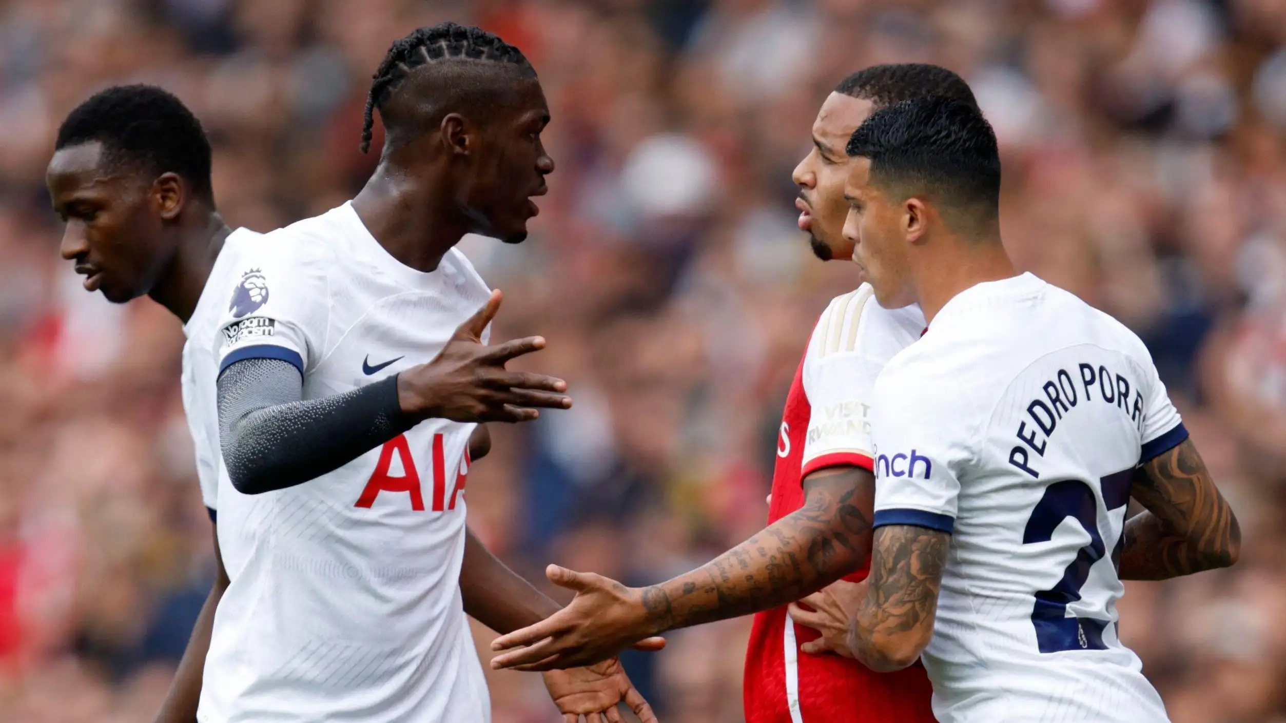 Spurs player Yves Bissouma argues with Arsenal striker Gabriel Jesus
