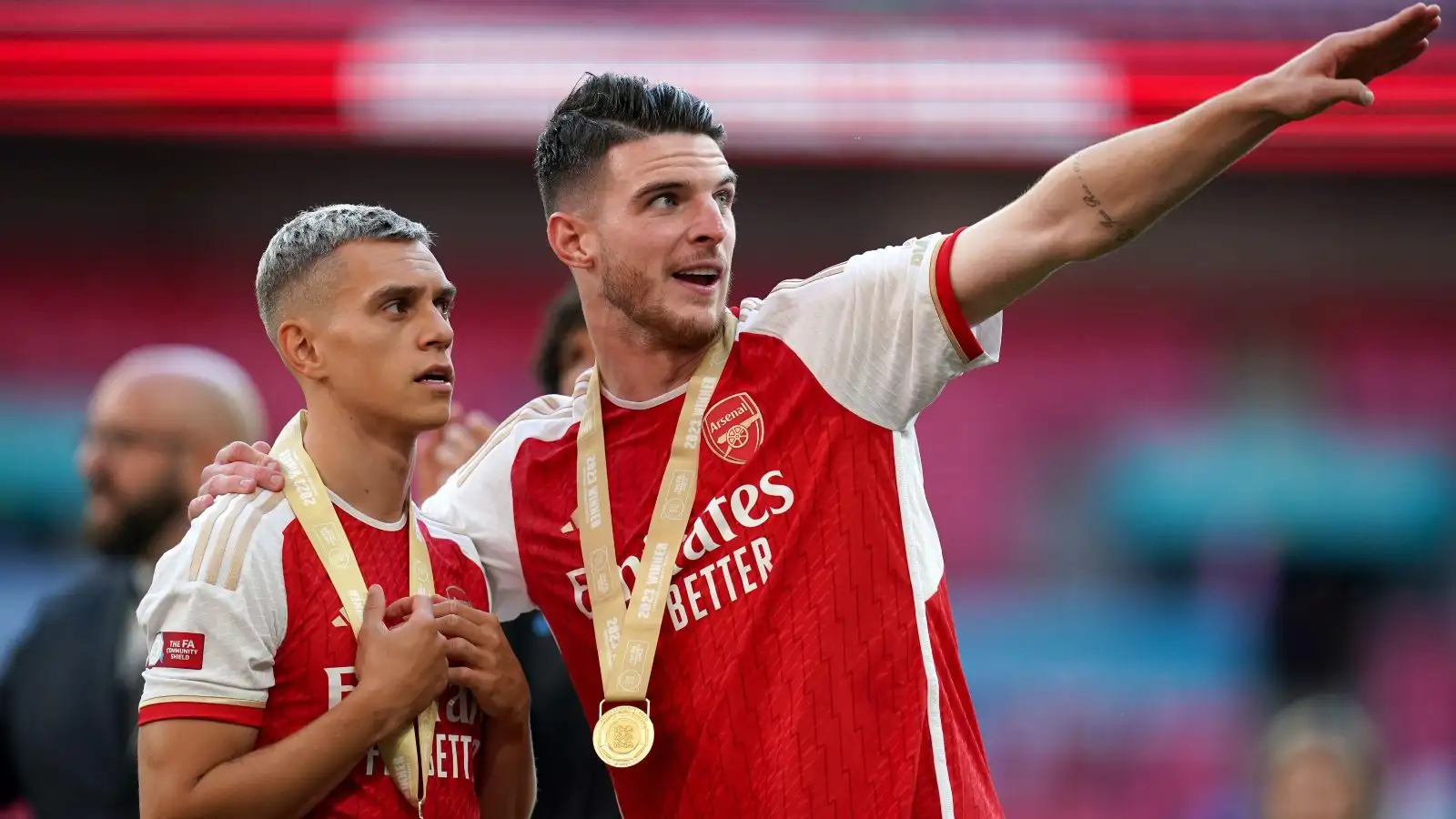 Arsenal duo Declan Rice and Leandro Trossard after winning the Community Shield.