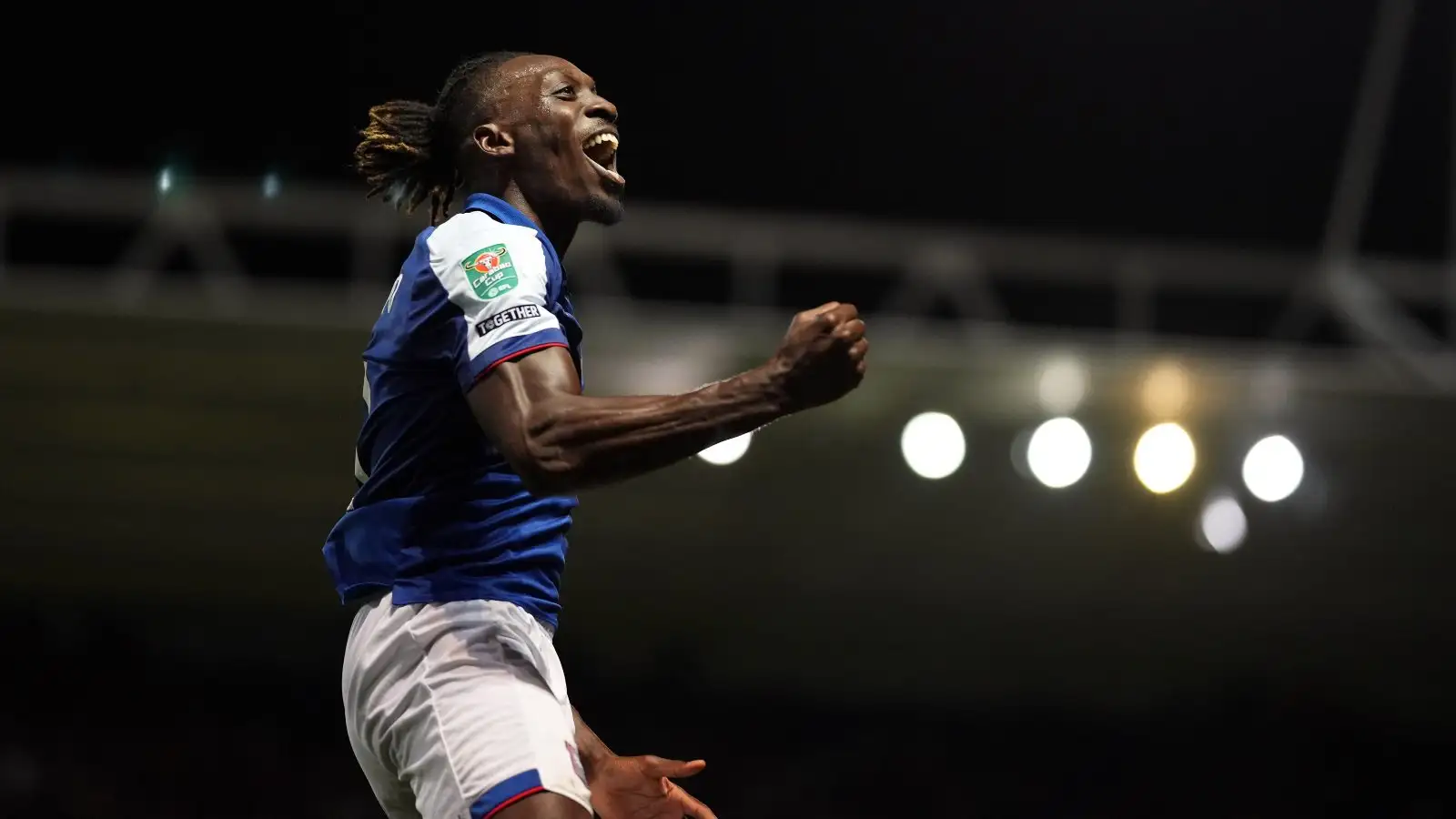 Freddie Ladapo celebrates his goal for Ipswich against Wolves.