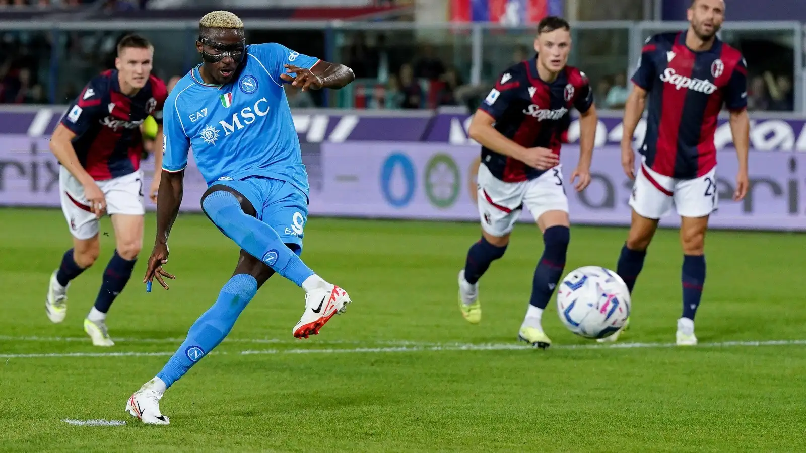 Napoli striker Victor Osimhen misses from the penalty spot against Bologna.