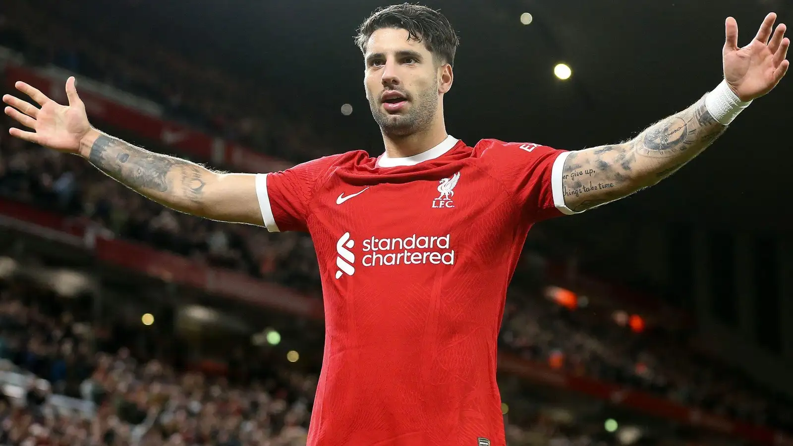 Dominik Szoboszlai celebrates after scoring for Liverpool.