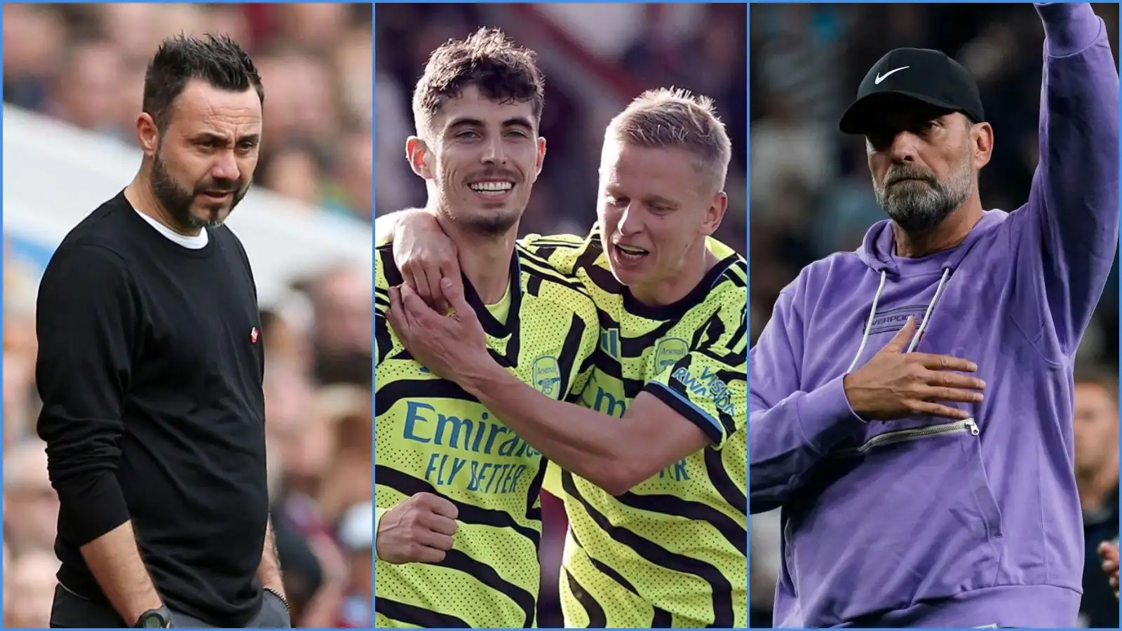 Brighton head coach Roberto De Zerbi, Arsenal players Kai Havertz and Oleksandr Zinchenko, and Liverpool manager Jurgen Klopp