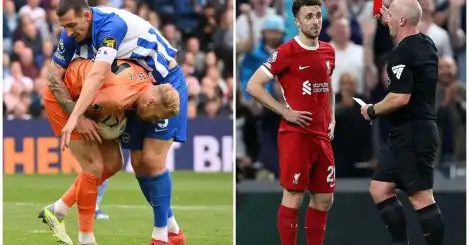 Lewis Dunk collides with Brighton team-mate Jason Steele, and Diogo Jota is sent off for Liverpool.