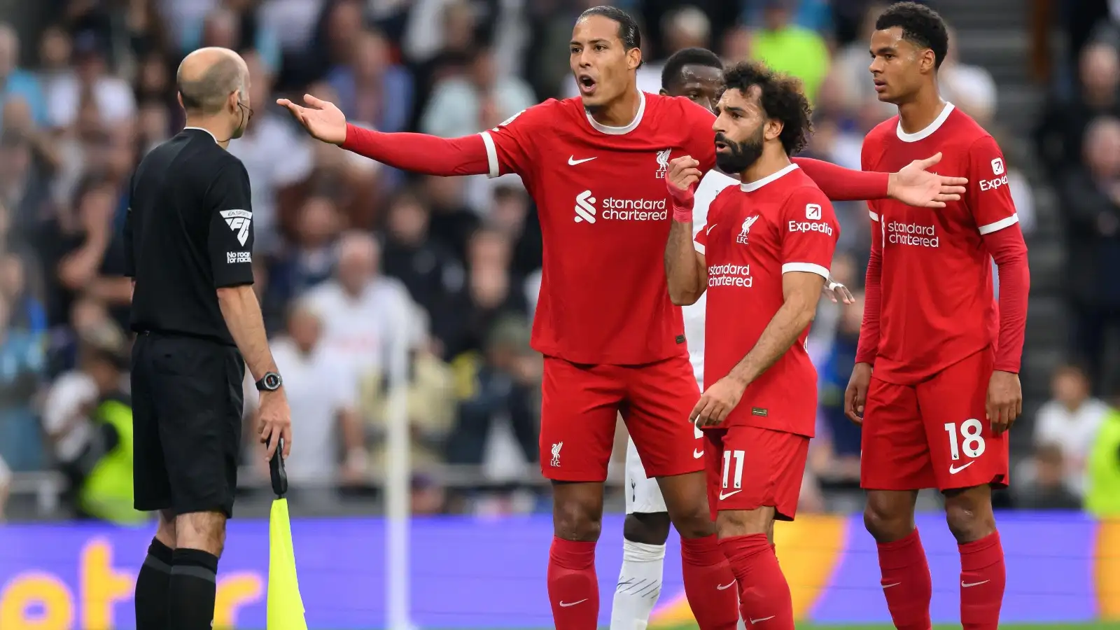 Tottenham v Liverpool COULD be replayed! But it definitely won't be! And Becks sends a message 4 c?url=https%3A%2F%2Fd2x51gyc4ptf2q.cloudfront.net%2Fcontent%2Fuploads%2F2023%2F10%2F03141653%2FVirgil van Dijk Mo Salah and Cody Gakpo argue with a linesman