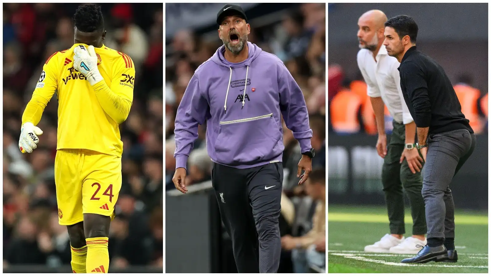 Manchester United goalkeeper Andre Onana, Liverpool boss Jurgen Klopp, and Arsenal and Manchester City managers Mikel Arteta and Pep Guardiola.