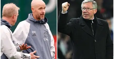 Current Manchester United manager Erik ten Hag and former boss Sir Alex Ferguson.